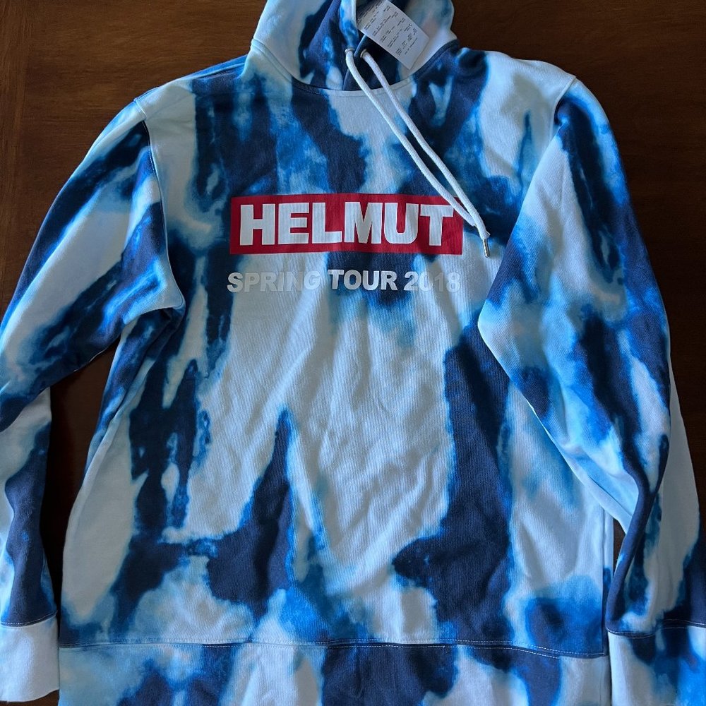 Helmut Lang Spring Tour 2018 Bleached Tie Dye Hoodie Mens Medium blue and white.